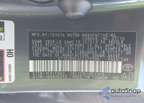 2015 Toyota Corolla S Plus from USA, damaged, VIN 2T1BURHE4FC370190